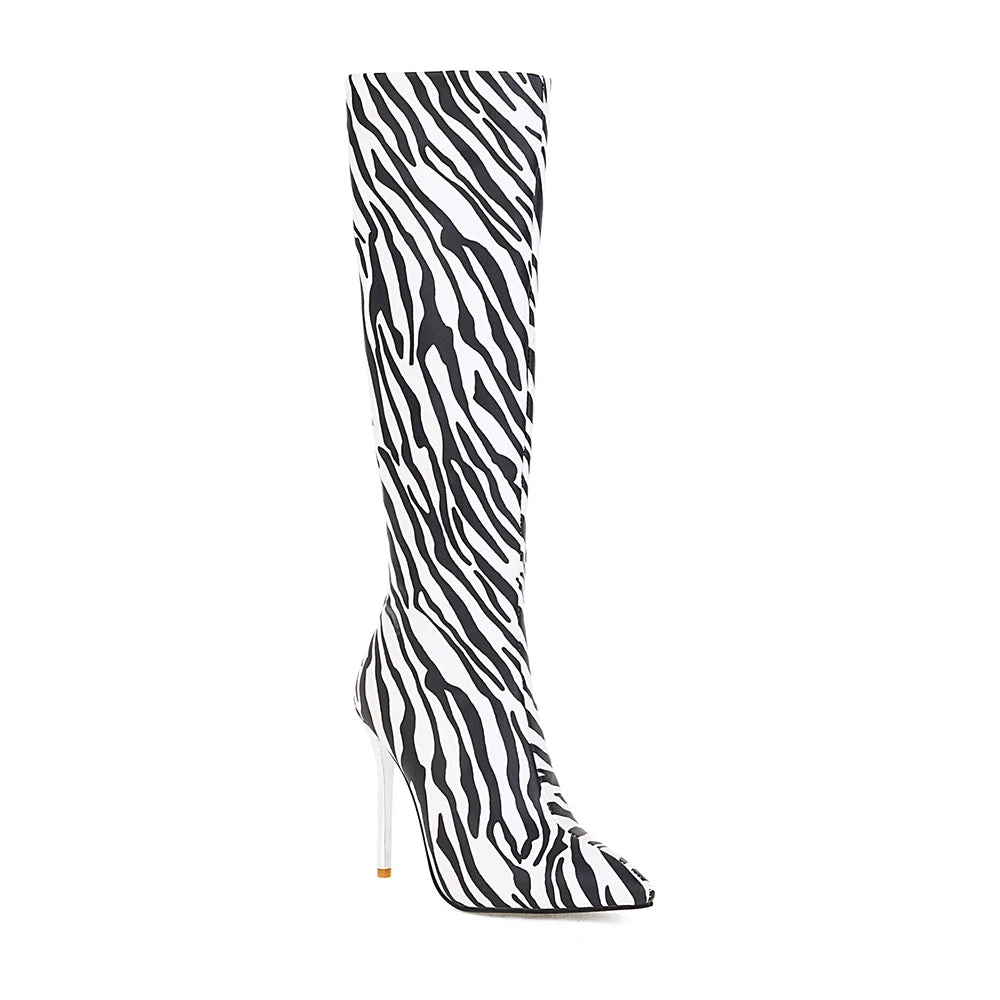 European And American Zebra Pattern Pointed Toe Stiletto High-Top Women's Boots Metal Super High Stiletto-Heel Sexy Long Boots