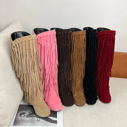 New High-Heeled V-Neck Fringed Women's Boots