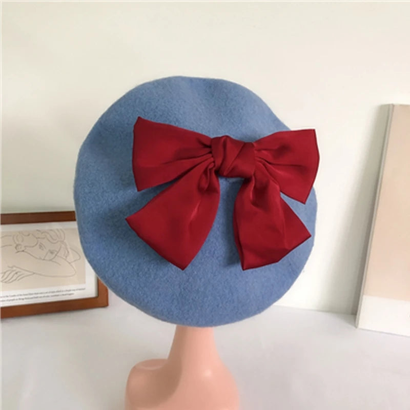 Bowknot beret hat women wool detachable painter cap