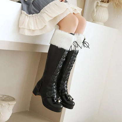 Thick-Heeled Cross-Laced Lolita Style Women's Boots With Artificial Rabbit Fur Trim And Pearl Embellished Wavy Knee-Length Boots