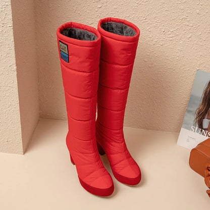 Thick-Heeled Down Fabric Warm Snow Boots Waterproof Platform Blue Casual Knee-Length Boots Red Winter Ladies Shoes