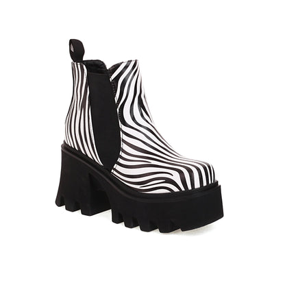 Cow Pattern Super Thick Bottom Color Matching Women's Ankle Boots Zebra Pattern High Waterproof Platform Elastic Band Foot Shoes