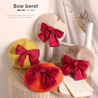 Bowknot beret hat women wool detachable painter cap