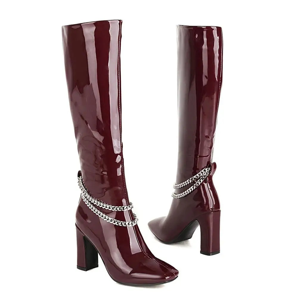 Oversized Metal Chain Super High Heel Patent Leather Knee-Length Boots Square Toe Thick Heel Shiny Leather Burgundy Warm Boots