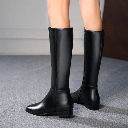 Plus Size New Cheap PU Square Toe Low-Heel High Boots Autumn And Winter New Side Zipper White Short Plush Knee Boots