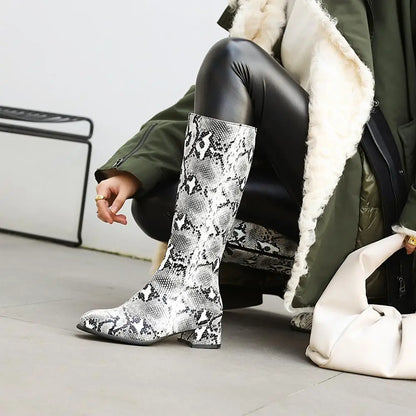 Plus Size Winter Boots Women's All-Match Shoes Thick Heel Snake Print PU Knee-Length Boots Warm Knight Boots