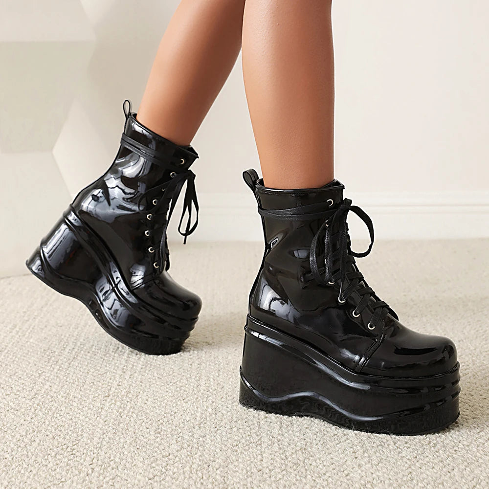 Punk Style Super High Waterproof Platform Flat-Bottomed Women's Boots Cross-Lace Bright Patent Leather Spring New Shoes