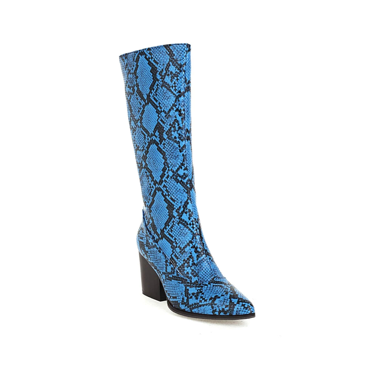 Oversized Blue Snake Print Fashion Sexy Female Mid-Calf Boots Pointed Wedge Short Plush Inner Shoes Zipper Snake Print Leather