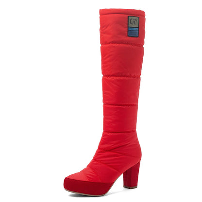 Thick-Heeled Down Fabric Warm Snow Boots Waterproof Platform Blue Casual Knee-Length Boots Red Winter Ladies Shoes