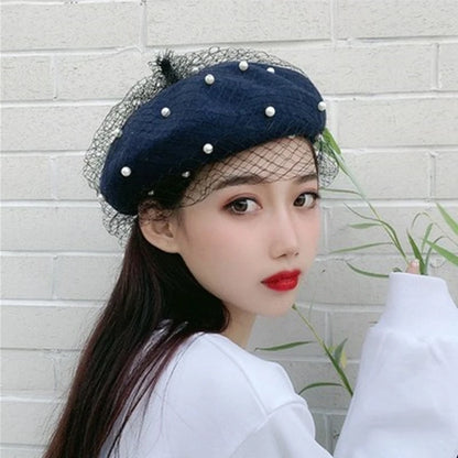 Beret hat women pearl net yarn painter hat