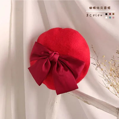 Bowknot beret hat women wool detachable painter cap