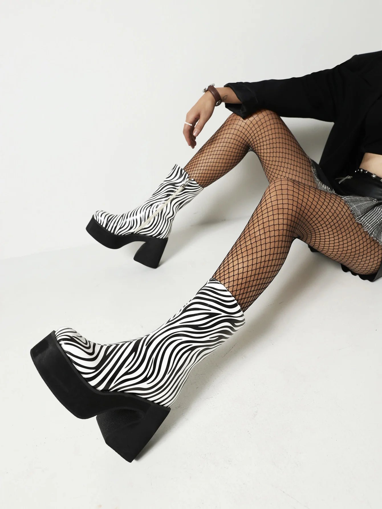 Zebra Pattern Super High Waterproof Platform Horseshoe Heel Women's Street Shoes Thick-Soled Increased Cow Pattern Mid-Top Boots