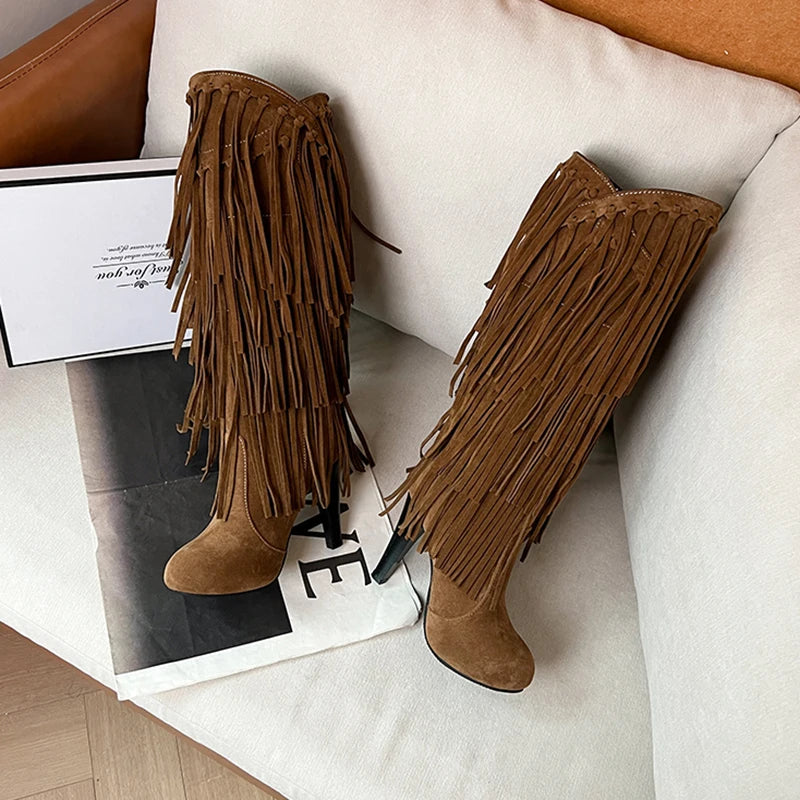 New High-Heeled V-Neck Fringed Women's Boots