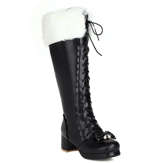 Thick-Heeled Cross-Laced Lolita Style Women's Boots With Artificial Rabbit Fur Trim And Pearl Embellished Wavy Knee-Length Boots