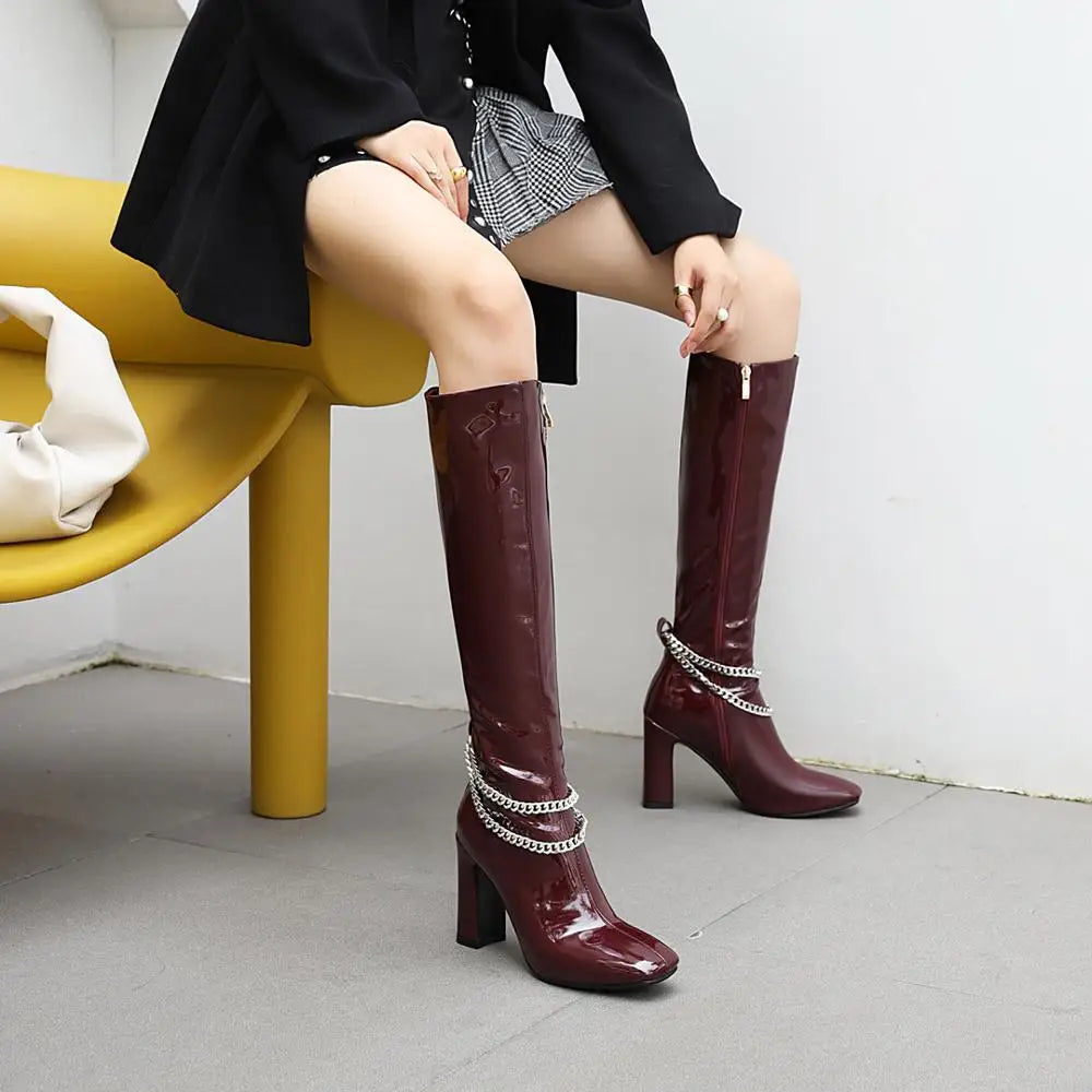 Oversized Metal Chain Super High Heel Patent Leather Knee-Length Boots Square Toe Thick Heel Shiny Leather Burgundy Warm Boots