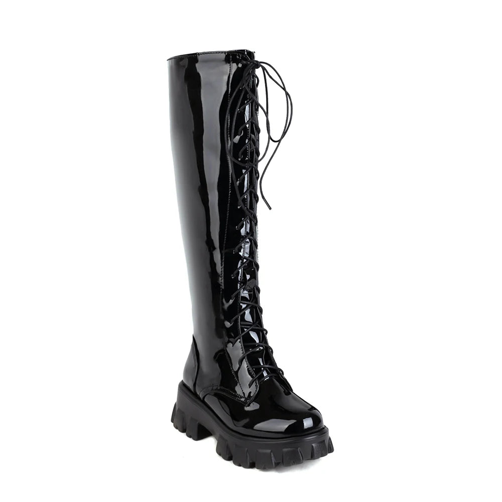 Platform Heel Cross Strap Patent Leather Women's Boots Flat Lace-Up High Waterproof Platform Side Zipper Knee Boots