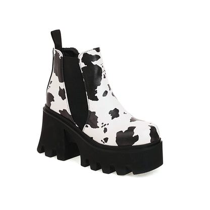 Cow Pattern Super Thick Bottom Color Matching Women's Ankle Boots Zebra Pattern High Waterproof Platform Elastic Band Foot Shoes