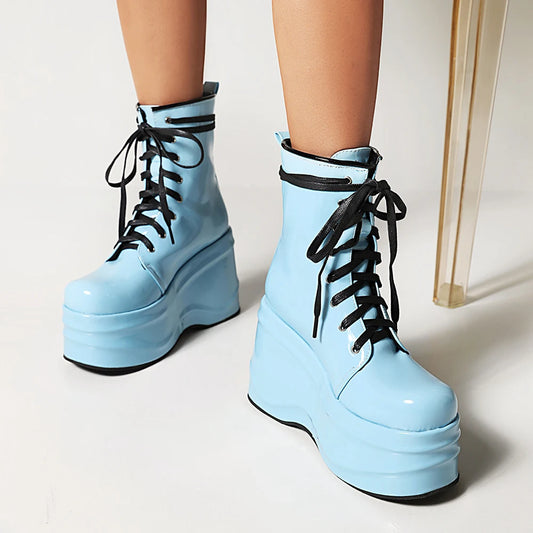 Punk Style Super High Waterproof Platform Flat-Bottomed Women's Boots Cross-Lace Bright Patent Leather Spring New Shoes