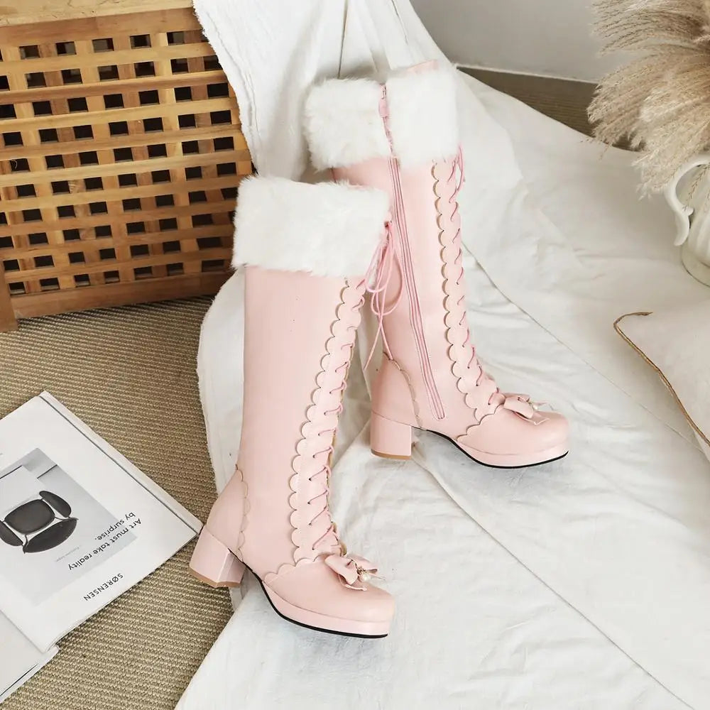 Thick-Heeled Cross-Laced Lolita Style Women's Boots With Artificial Rabbit Fur Trim And Pearl Embellished Wavy Knee-Length Boots