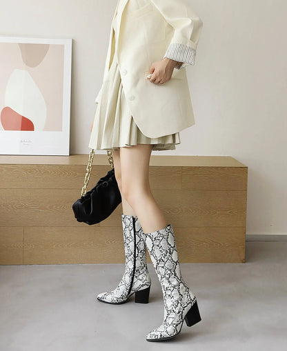 Oversized Blue Snake Print Fashion Sexy Female Mid-Calf Boots Pointed Wedge Short Plush Inner Shoes Zipper Snake Print Leather