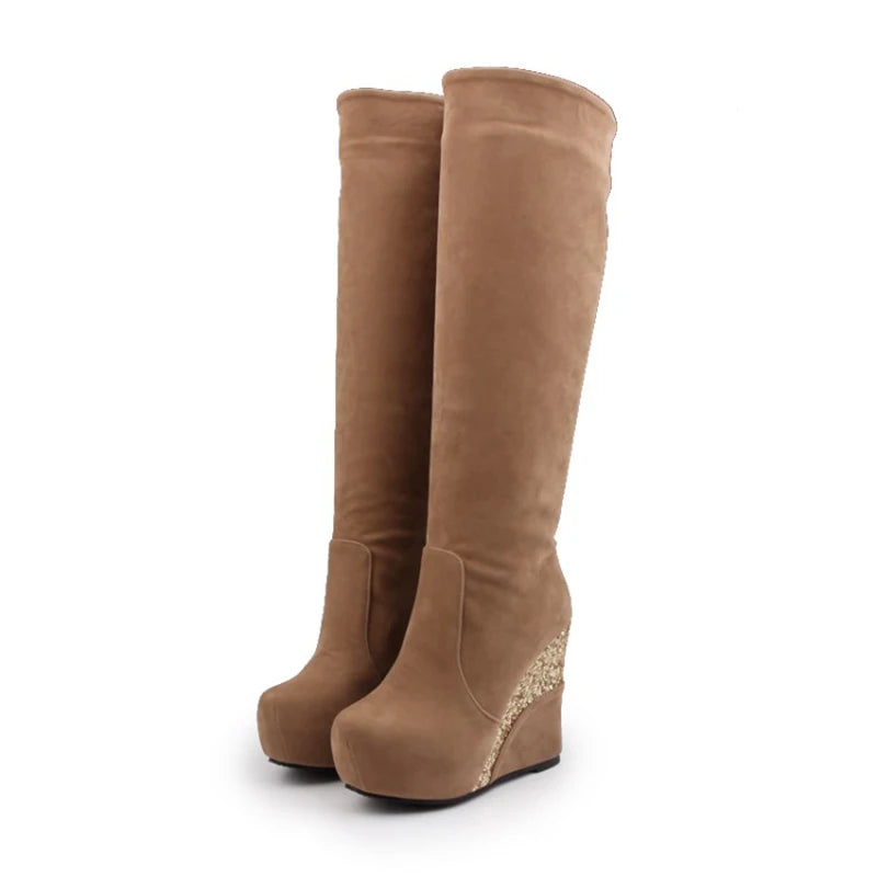 Flock Stitching Sequined Cloth Wedges Women's Knee-Length Boots Inner Heightening Platform Flat-Bottomed Winter Long Boots