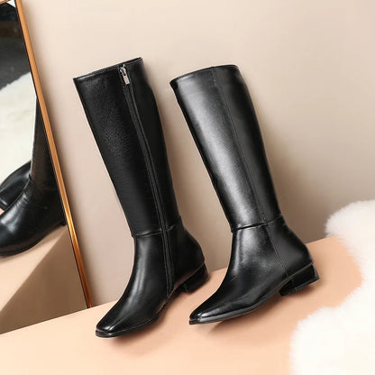 Plus Size New Cheap PU Square Toe Low-Heel High Boots Autumn And Winter New Side Zipper White Short Plush Knee Boots