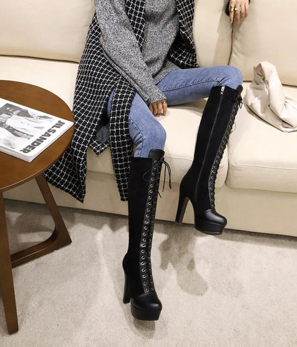 Round Head Cross Straps Waterproof Platform Platform Knee Boots Women's Ultra-High Thick Heel All-Match Fashion Boots