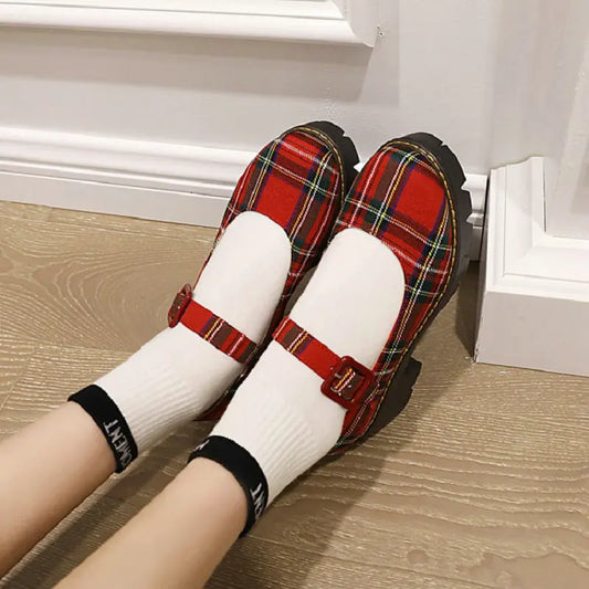 Sianie Tianie Japanese Style Students Girls Shoes Scotland Plaid Checker Round Toe Retro Ladies Pumps Chunky Heels Mary Janes