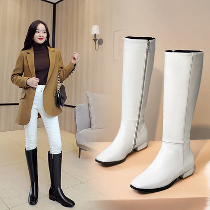 Plus Size New Cheap PU Square Toe Low-Heel High Boots Autumn And Winter New Side Zipper White Short Plush Knee Boots