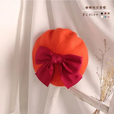 Bowknot beret hat women wool detachable painter cap