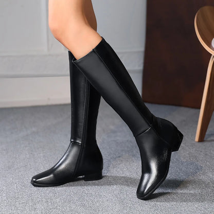 Plus Size New Cheap PU Square Toe Low-Heel High Boots Autumn And Winter New Side Zipper White Short Plush Knee Boots