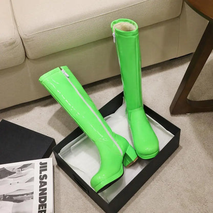 Patent Leather Fluorescent Green Lolita Style Women's Boots PU Thick Heel Mirror Color Side Zipper Knee-Length Boots