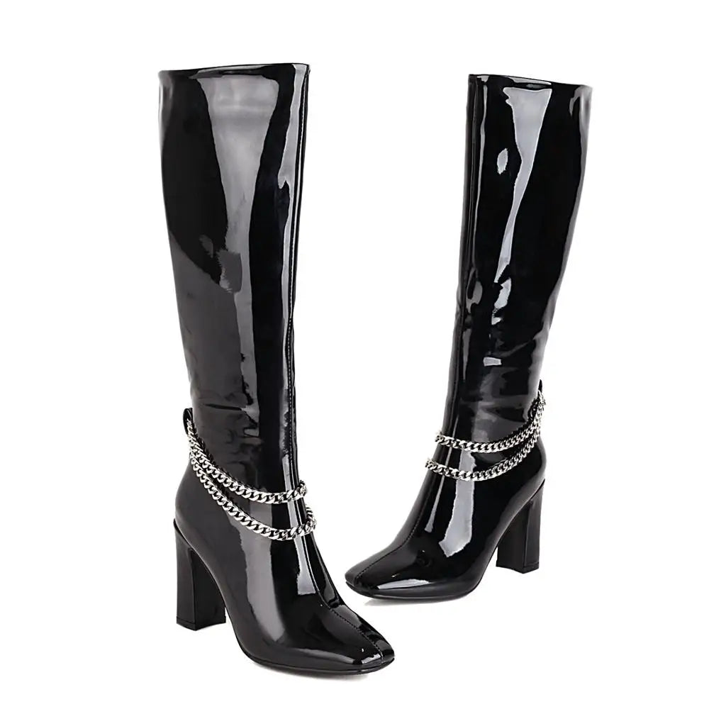 Oversized Metal Chain Super High Heel Patent Leather Knee-Length Boots Square Toe Thick Heel Shiny Leather Burgundy Warm Boots