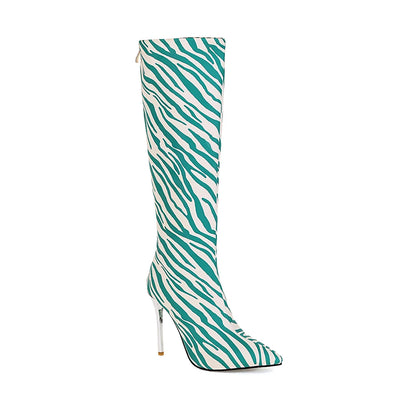 European And American Zebra Pattern Pointed Toe Stiletto High-Top Women's Boots Metal Super High Stiletto-Heel Sexy Long Boots