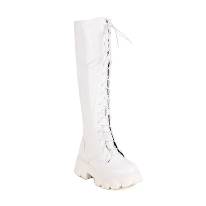 Platform Heel Cross Strap Patent Leather Women's Boots Flat Lace-Up High Waterproof Platform Side Zipper Knee Boots