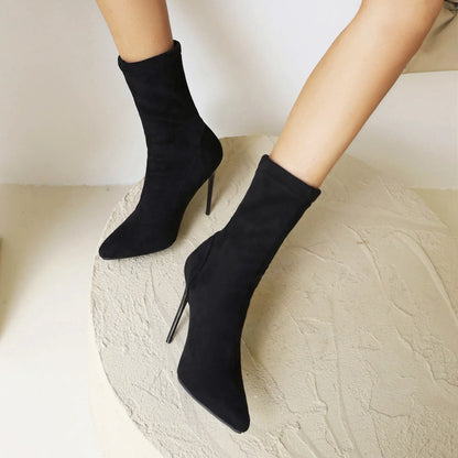 Super High Stiletto Pointed Toe Frosted Flock Autumn And Winter Warm Socks Boots Short Plush Inner Sleeve Women Mid-Calf Boots