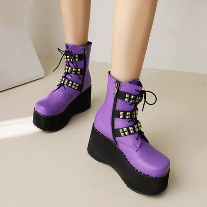 Cross Strap Metal Rivet Super Thick Retro Platform Boots Square Toe High Waterproof Platform High Heel Women's Mid-Calf Boots