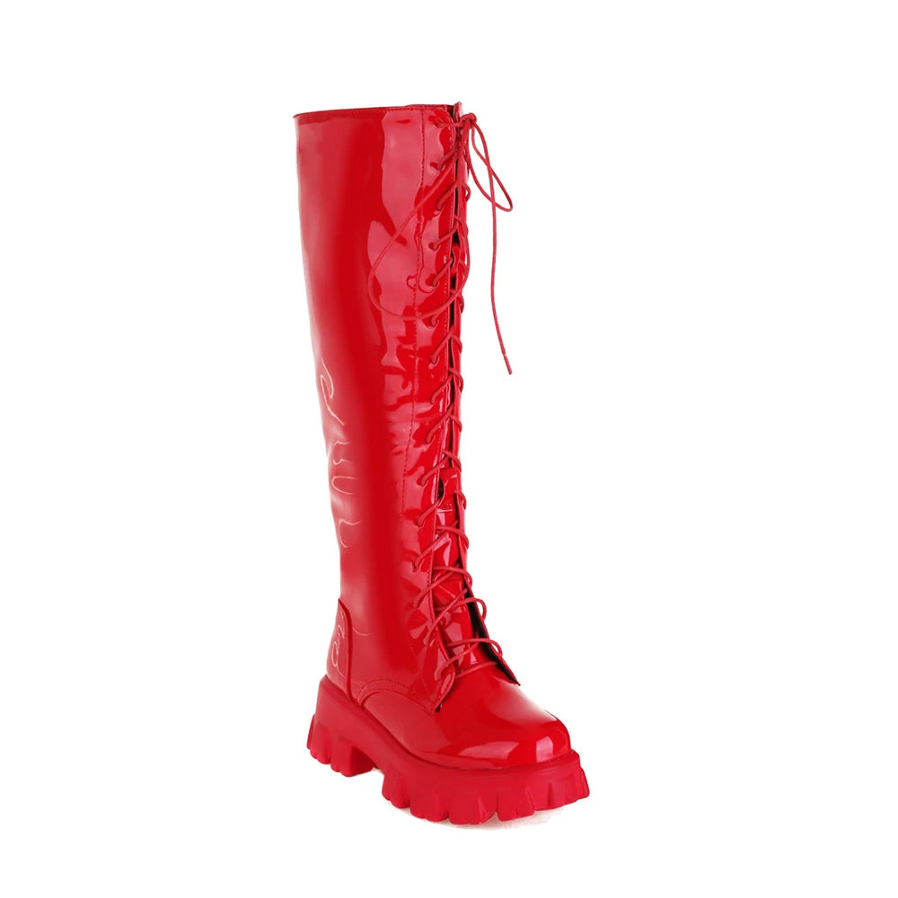 Platform Heel Cross Strap Patent Leather Women's Boots Flat Lace-Up High Waterproof Platform Side Zipper Knee Boots