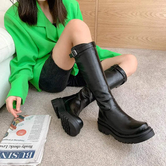 Autumn And Winter Retro Boots Square Toe Inner Heightened Platform Knee-Length Boots Side Zipper Belt Buckle PU Rider Boots 2024