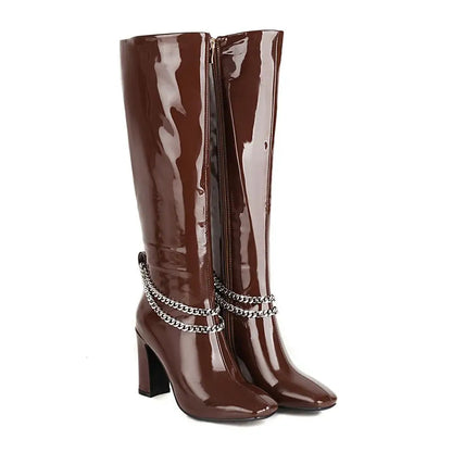 Oversized Metal Chain Super High Heel Patent Leather Knee-Length Boots Square Toe Thick Heel Shiny Leather Burgundy Warm Boots