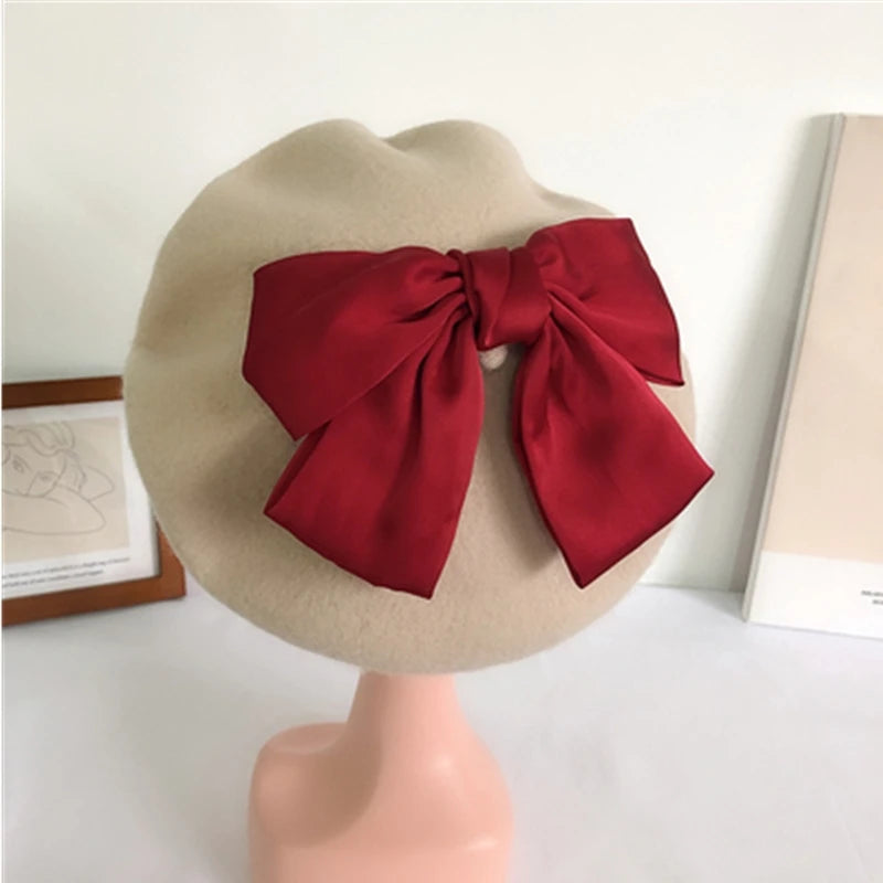 Bowknot beret hat women wool detachable painter cap