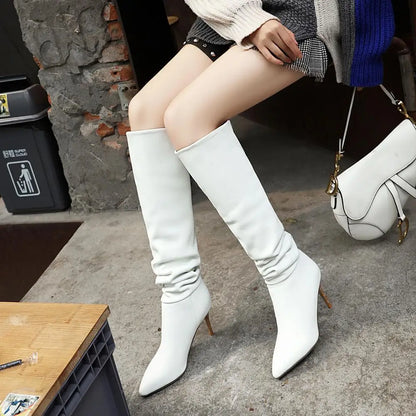 Fashion Trend Wood Grain Heel Stretch Knee-Length Boots Winter Women's Shoes