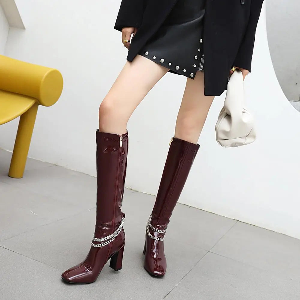 Oversized Metal Chain Super High Heel Patent Leather Knee-Length Boots Square Toe Thick Heel Shiny Leather Burgundy Warm Boots