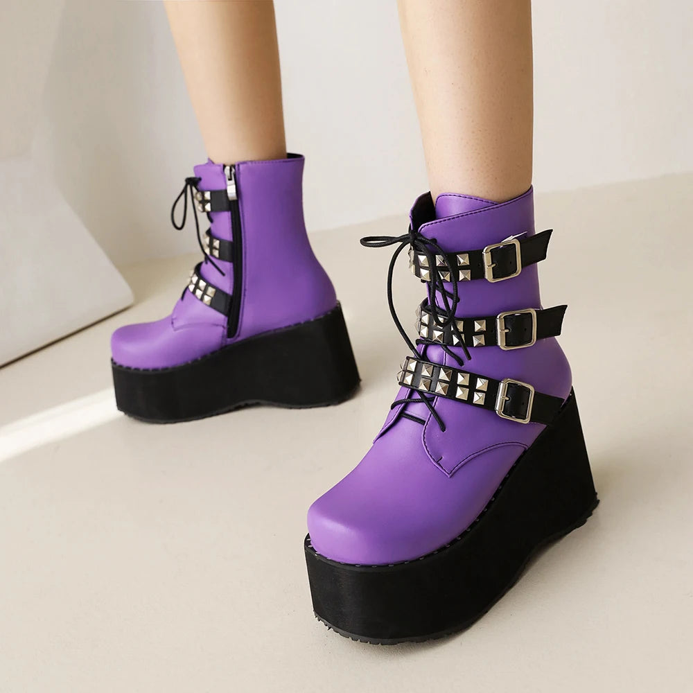 Cross Strap Metal Rivet Super Thick Retro Platform Boots Square Toe High Waterproof Platform High Heel Women's Mid-Calf Boots