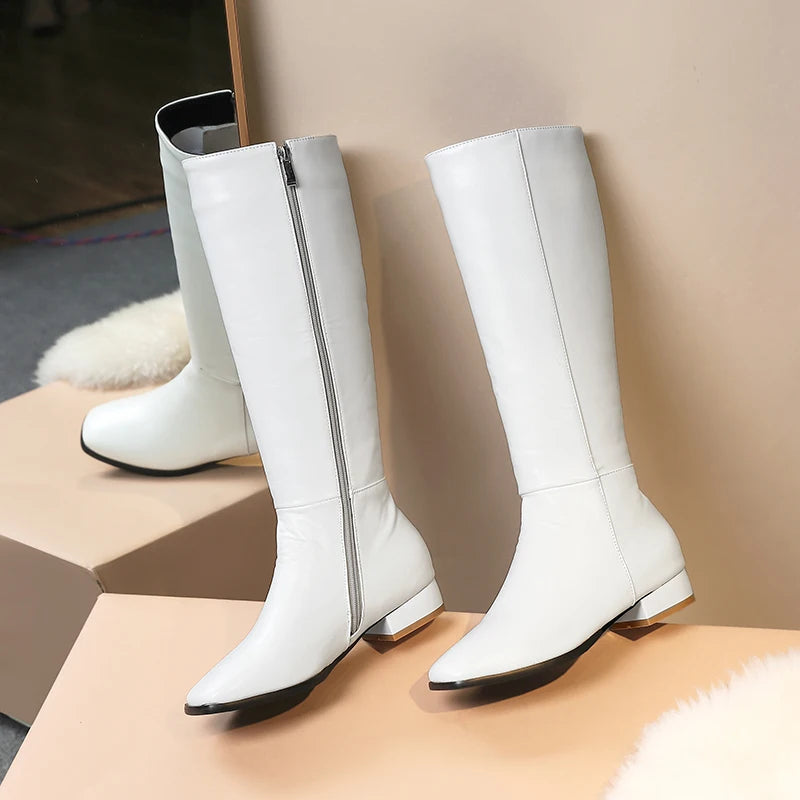 Plus Size New Cheap PU Square Toe Low-Heel High Boots Autumn And Winter New Side Zipper White Short Plush Knee Boots