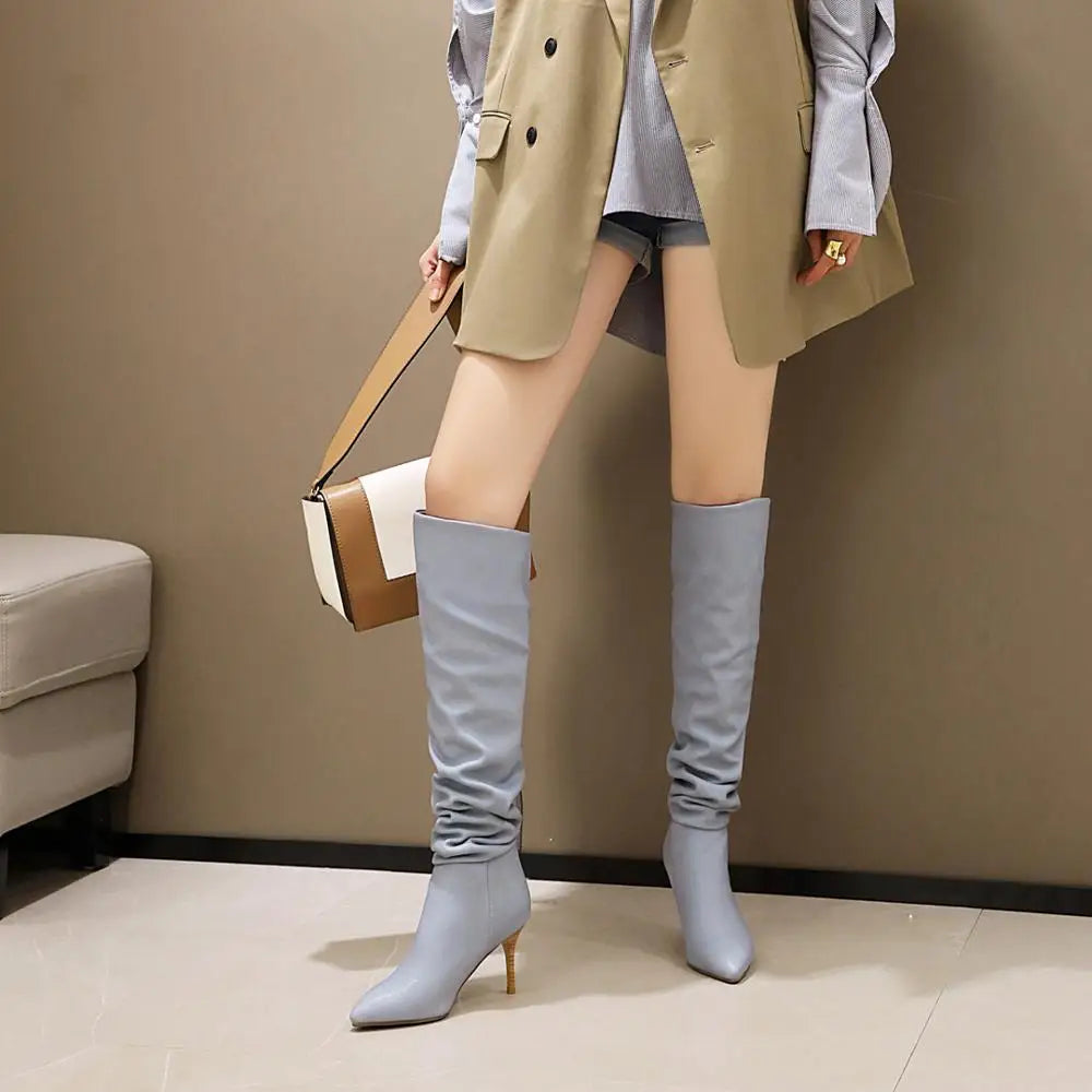 Fashion Trend Wood Grain Heel Stretch Knee-Length Boots Winter Women's Shoes