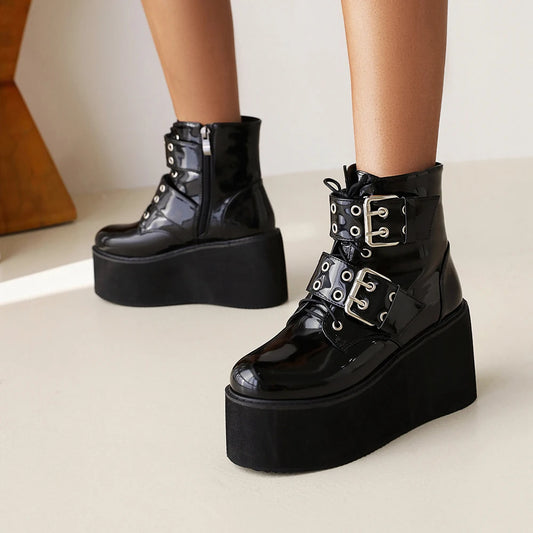 Double Row Metal Belt Buckle Patent Leather Ultra-Thick Sole Height-Increasing Shoes Punk Waterproof Platform Ankle Boots