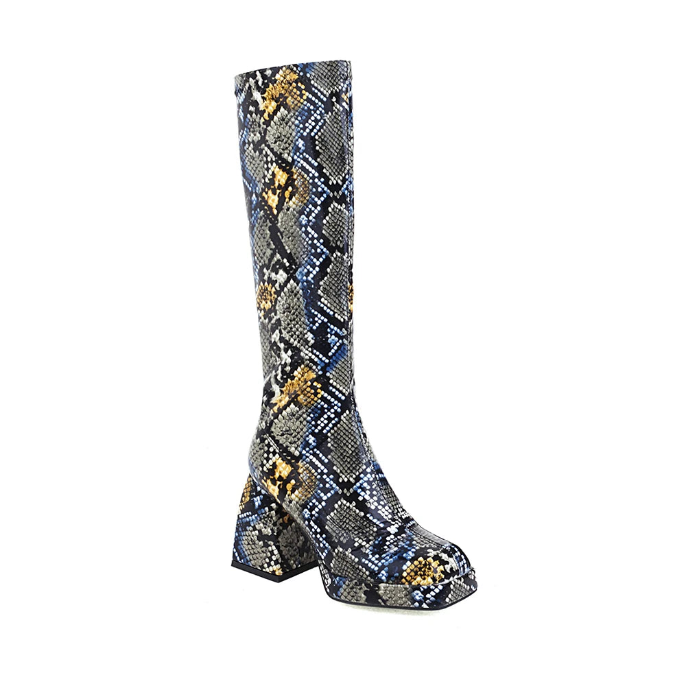 Fireworks Multicolor Pattern Super High Thick Heel Square Toe Women's Boots Snake Pattern Tapered Heel Sexy Knee-Length Boots