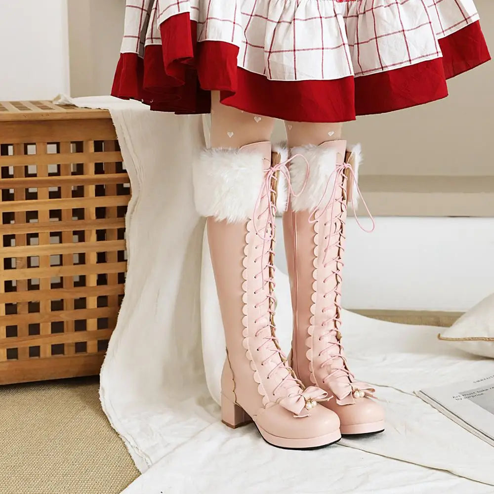 Thick-Heeled Cross-Laced Lolita Style Women's Boots With Artificial Rabbit Fur Trim And Pearl Embellished Wavy Knee-Length Boots