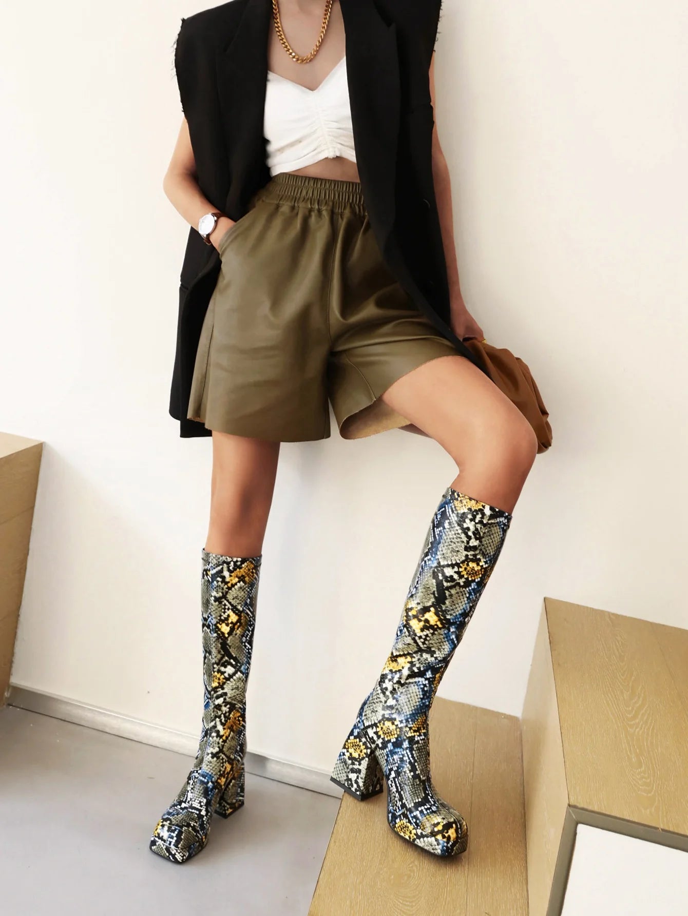 Fireworks Multicolor Pattern Super High Thick Heel Square Toe Women's Boots Snake Pattern Tapered Heel Sexy Knee-Length Boots